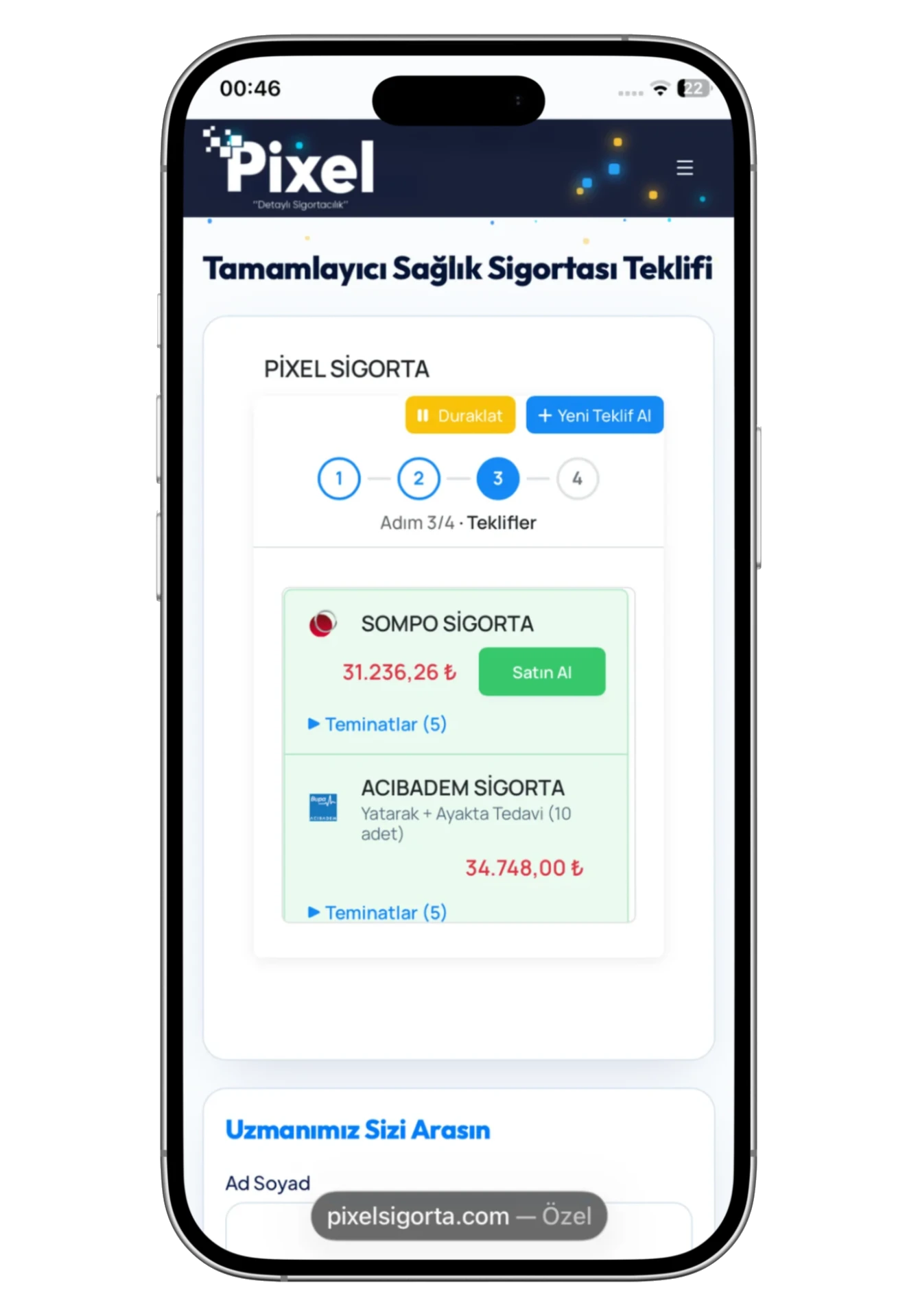 Pixel Sigorta teklif karşılaştırmasının telefondaki görünümü