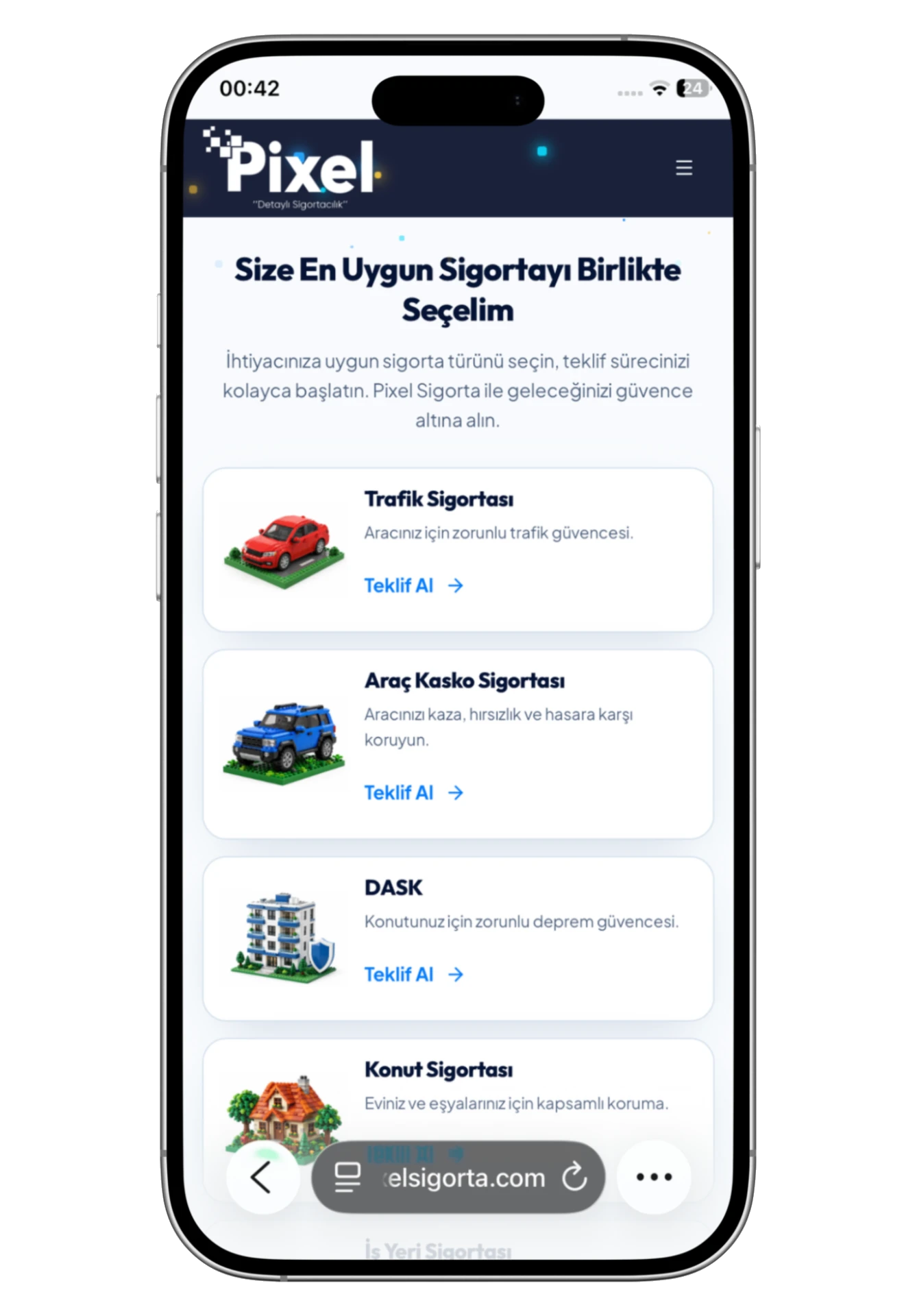 Pixel Sigorta ürün seçeneklerinin telefondaki görünümü