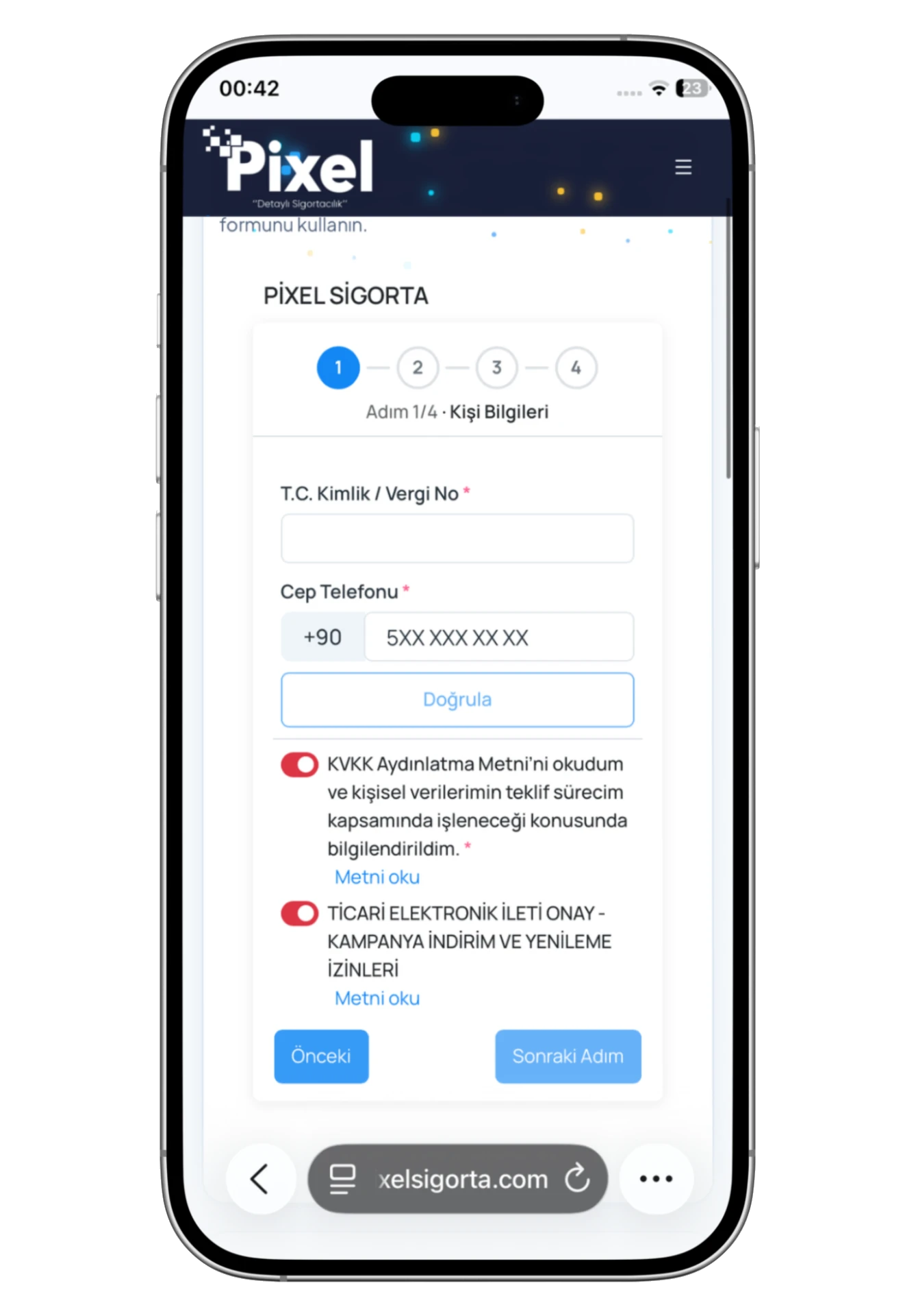 Pixel Sigorta teklif formunun telefondaki görünümü